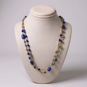 Elegant Double Strand Lapis Lazuli Necklace - Gold Chain Statement Piece